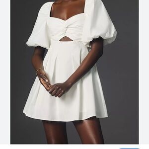 Moon River White Puff-Sleeve Mini Dress with Twist Front